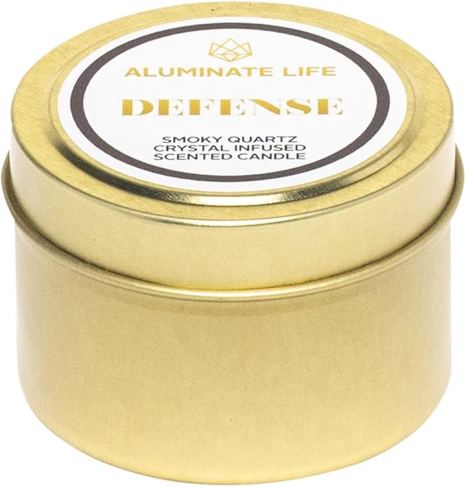 Luxury Candle Tin, 4 OZ, Defense - Smoky Quartz Crystal Infused - Scents of Frankincense, Neroli, & Sage - Detoxify, Ground, & Fortify - Coconut Wax Blend, Essential Oils, Dr. Developed