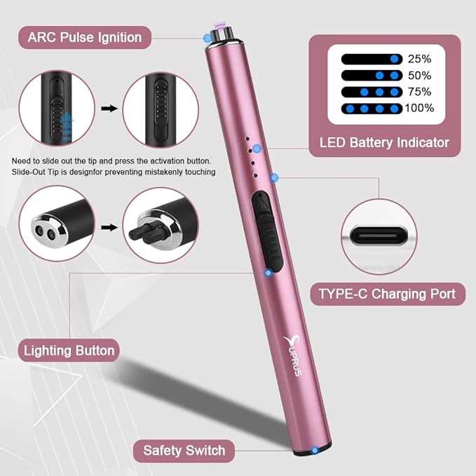 SUPRUS Electric Arc Windproof Flameless USB Rechargeable Lighter with Safety Lock for Candle (Pink)