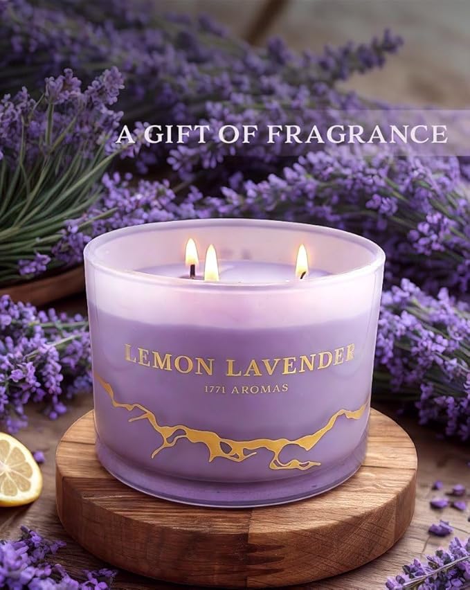 Lemon Lavender Scented Candles - 100% Natural Soy Wax - Large 3 Wick Jar Candle - Up to 50 Hours Burning Time - Candles for Home - Gift-Ready Candle for Men & Women - Aromatherapy