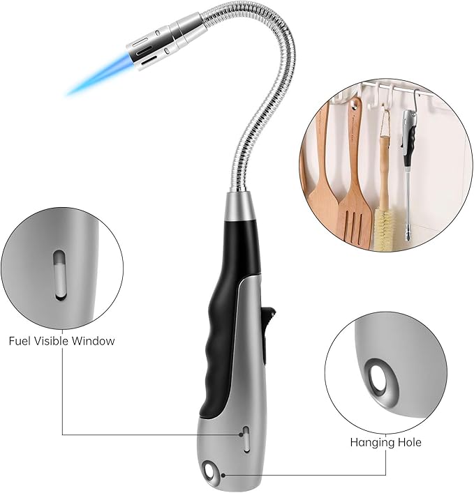 Butane Lighter Long Lighter with Visual Window for BBQ Candle,Gray(No Butane Inside)