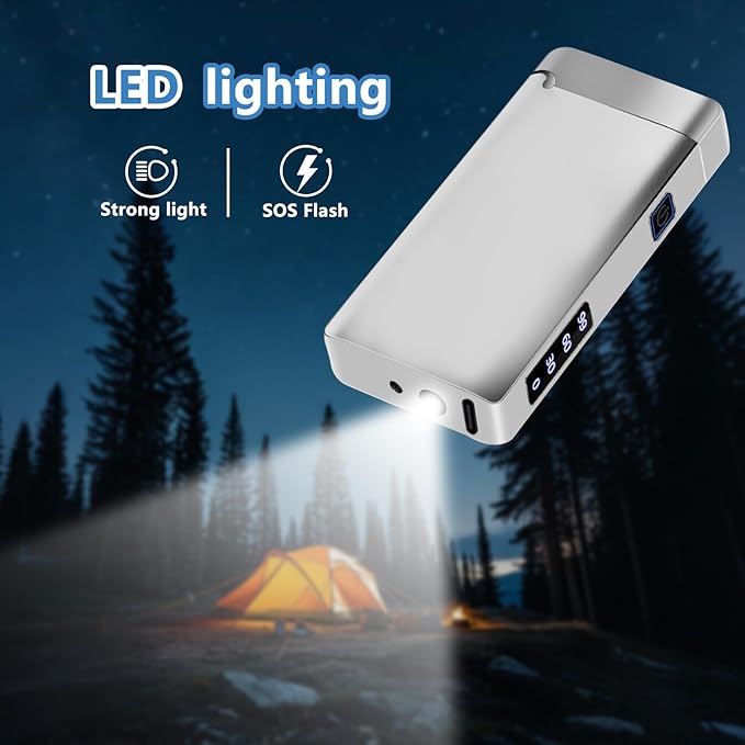Electric Lighter Rechargeable USB Type C Lighter Plasma Arc Big Flame Lighters Windproof Electronic Cool Unique Lighters with Digital Power Display for Candle, Incense, Fireworks (Ice Silver)
