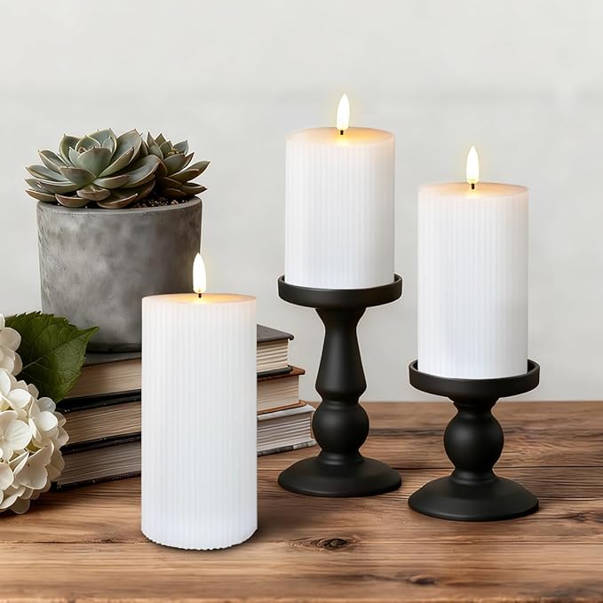 Rechargeable Flameless LED Pillar Candles–Luminous Real Wax Indoor Home Decor–Set of 3, Realistic Flickering LED Flame,Remote & Timer, USB-Rechargeable（White）