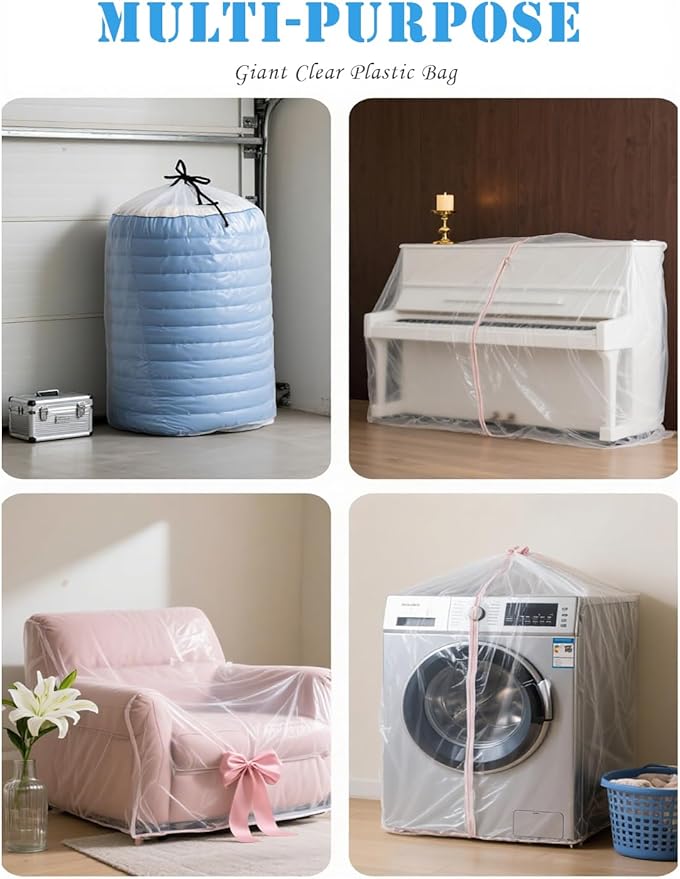 Giant Storage Bags 59 x 99 inches Huge Clear Plastic Bags Perfect for Garage, Furniture, Luggage, Home Appliances, Kids Toys, Equipments, Industry or Agriculture Use and More (5 pack)