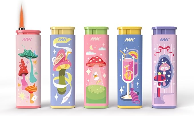 MK Wind Proof Jet Flame Lighters, 5PCS Striking Design, Ideal as Lighters for Candle, Camping, Outdoor use, Butane Refillable Lighter (MagicMush-5PC)