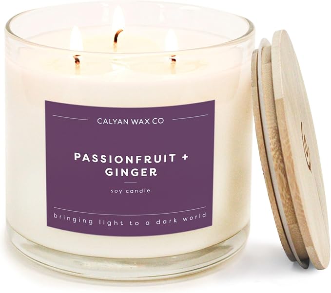 Calyan Wax Co. Passionfruit & Ginger 3 Wick Scented Candle - 43 Hour Burn - Luxury 3 Wick Soy Candles - Non Toxic Soy Wax Candles - Long Lasting Large Glass Jar Candle for Home - 14.9oz