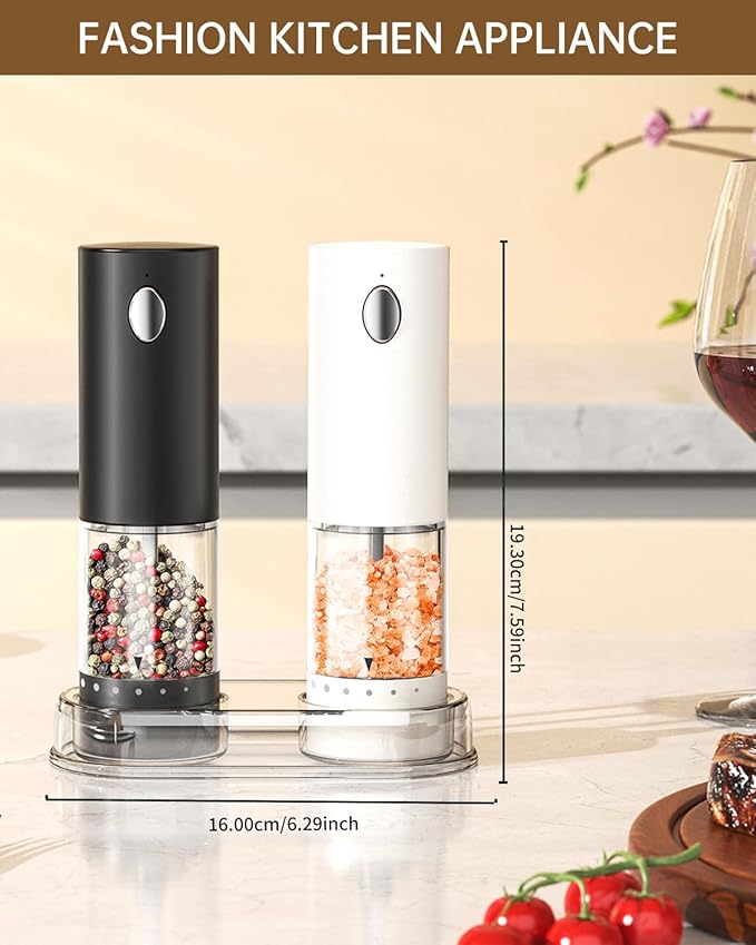 CIRCLE JOY Electric Salt and Pepper Grinder Set Rechargeable Salt and Pepper Mills with 6-Level External Adjustable Coarseness, White LED Light and Storage Base, Black & White