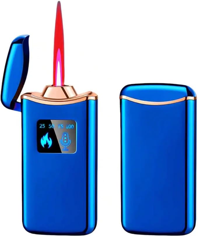 Smart Butane Lighter, Voice-Activated Sensor Torch Lighter with 4 Ignition Modes, Windproof Red Flame Refillable Lighters (Without Fuel) (Blue Ice)