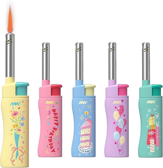 MK Lighter Collector’s Edition Refillable Candle – Multipurpose Jet Flame Butane with Long Wand for Indoor & Outdoor Use Gift Couples Friends Family (Birthday-5PC)