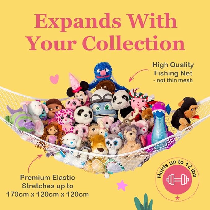 Lilly's Love Stuffed Animal Hammock | Corner Hanging Organizer, Toy Storage, Stuffed Animal Storage Net | Made from Quality Fishing Net, Holds 12lbs | 67"x47"x47" (Rainbow, 2 Pack)