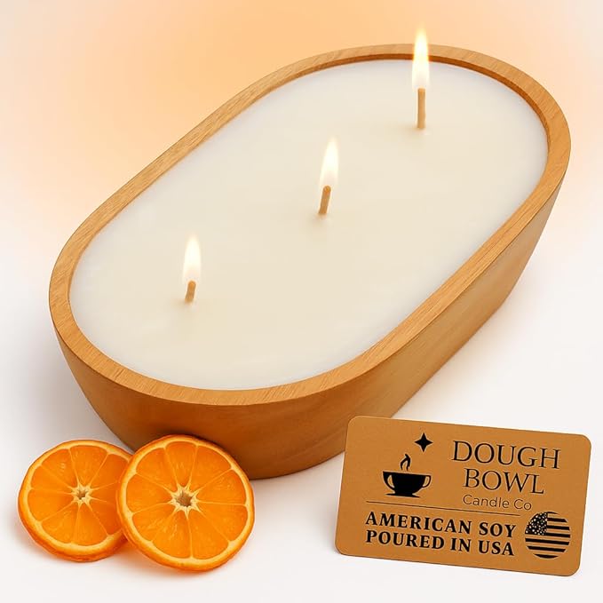 Dough Bowl Candle Co. Mandarin Cranberry Soy Candle - 3 Wick Rustic Farmhouse Coffee Table Decor, Odor Eliminator in Wooden Bowls, 20 Ounce Wooden Dough Bowl Candle, All-Natural Gifts for Women or Men