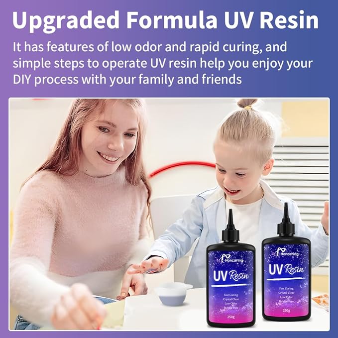 Honcaring UV Resin 500g, Clear Beginner-Friendly Kit with Silicone Tools, Upgraded Formula & Crystal Clear for Jewlery Making, Craft, 250g*2 Resin UV Kit for Earring, Pendant, DIY