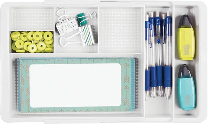 mDesign Expandable Plastic Drawer Organizer and Storage Container for Office Supplies - Gel Pen Pencil, Marker, Stationary, Desk Supply Holder for Drawers and Desktop - Lumiere Collection - White
