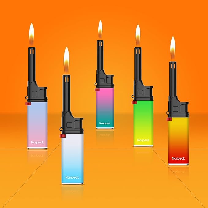 Navpeak Mini Candle Lighter Colorful Set Multipurpose Utility Lighters with Extended Wand Handy Gas Refillable for Kitchen Fireplace Pilot Light BBQ Grill Stove 5 Pack (Butane Included)