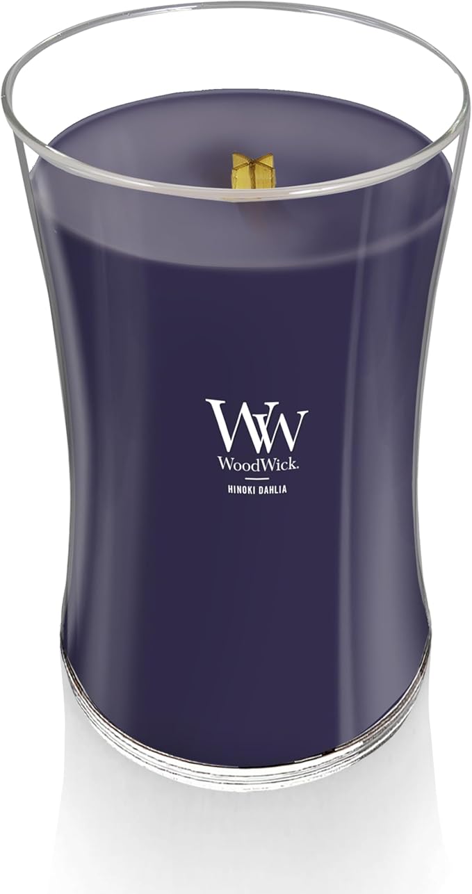 WoodWick Large Hourglass Candle Hinoki Dahlia - Premium Soy Blend Wax Pluswick Innovation Wood Wick Made in USA