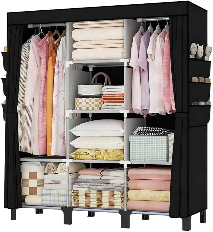 Portable Wardrobe, Clothes Organizer, Easy Hanger Wardrobe, Multiple Dividers and 3 Drawers, 6 Side Pockets Large Capacity (Black)