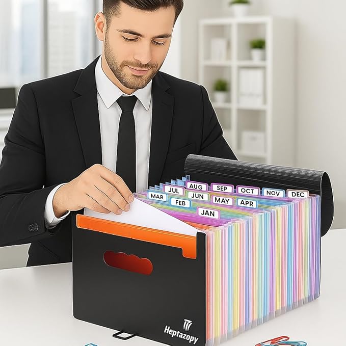 26 Pockets Plastic Accordion File Organizer, Expanding File Folder Organizer, A4 Letter Size Filing Organizer with Colorful Tabs, Elastic Cord, 60 Paper Clip, Label & Stickers for Office School Home