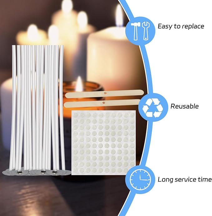 150 Pcs Candle Wicks Kit, Pre Waxed Cotton Wick with 150 Pcs Wick Stickers and 10 Pcs Candle Wick Holders for Soy Wax, Beeswax, Coconut Wax Candle Making and DIY