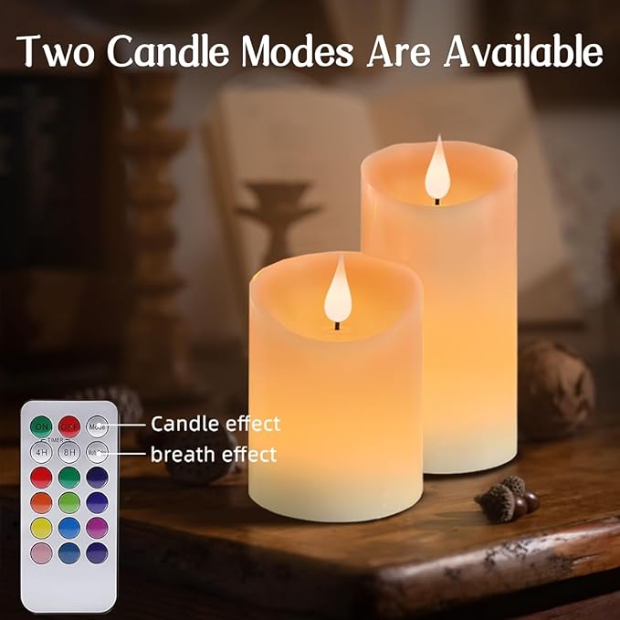 Flameless Candle RGB Set, Flickering LED Pillar Real Wax Candle with Remote Control and Timer, Upgraded Blue Flame Heart, Built-in Battery Rechargeable Flameless Candle, 1 Set of 3