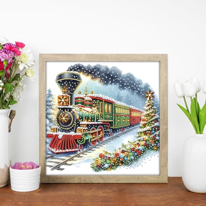 Christmas Train 5D Special Shape Diamond Art Kits for Beginners, Christmas Winter Theme Diamonds Painting Kits for Adults,DIY Crystal Rhinestones Diamond Paintings for Home Wall Decor 12×12Inch