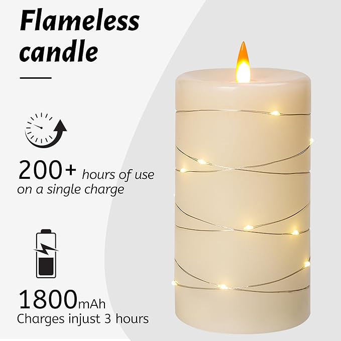 HaitanghuaRechargeable Flameless Candles, LED Candles, Candles with Remote and Timers, Real Wax Pillar Candles, with Flickering Embedded Star String，Ivory White, Set of 2