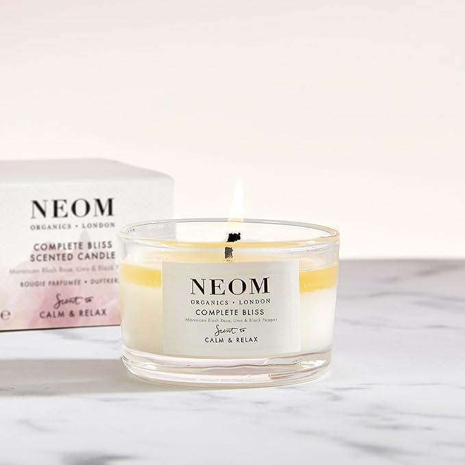 NEOM- Complete Bliss Scented Candle, Travel Size | Blush Rose, Lime & Black Pepper | Essential Oil Aromatherapy Candle | Scent to De-Stress