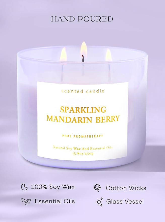 Large Sparkling Mandarin Berry Scented Candle for Home - 3 Wick Soy Candles 15.8oz, Fresh Citrus Aromatherapy Candle, Long Lasting Clean Burning, Uplifting Gift for Women & Men