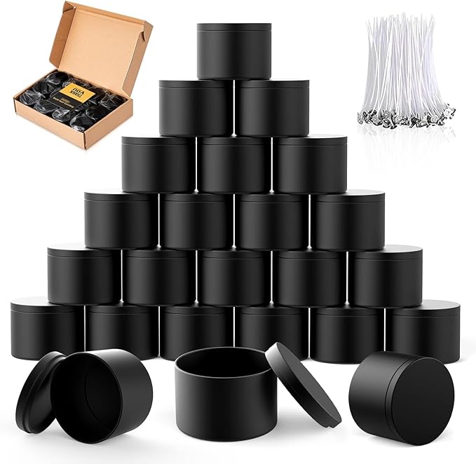 MGLIFEUL Candle Tins Jars Container Vessels for Making 4 8 Oz Black Empty Candle Tins Can Gift Box Packaging Plate with Lids Wax Container Bulk Making DIY Candle Supplies Accessories(Black,4oz,24pcs)