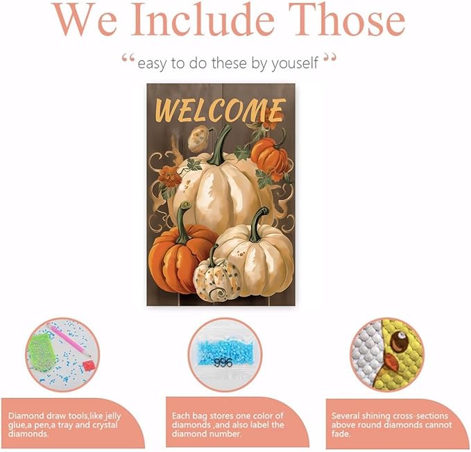 GUAIEUW DIY Diamond Painting Kit - Autumn Pumpkin Diamond Painting, 5D Full Round Diamond Diamond Art Painting for Adults with Accessories, Home Wall Decor Premium Gift 20x30 Inch