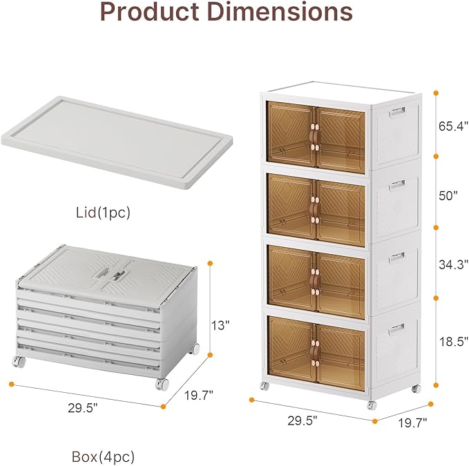Stackable Storage Bins with Lids, 700QT Closet Organizers and Storage with Doors and Wheels, Extra Large Storage Cabinet, Collapsible Plastic Drawers for Bedroom Dorm Office Garage
