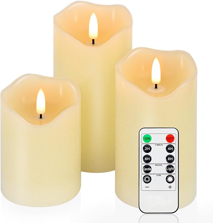Flickering Flameless Candles, Realistic LED Candles Battery Operated with Remote and Timer, Ivory Real Wax Pillar Candle for Christmas Home Wedding Party Decorations, Set of 3