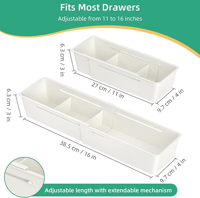 Desk Drawer Organizer Tray, 4 Pack Expandable Drawer Organizer with Dividers Adjustable, Bathroom Organizer Bins for Junk, Office, Makeup, Kitchen Utensil