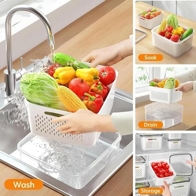 QUROXO 4 in 1 Food Storage Container-3 Piece Set, Household Transparent Plastic Food Storage Box with Lids, Food Fruit Storage Containers for Fridge with Drain Basket (Gray)