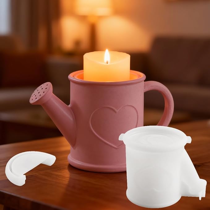 1 Pc Watering Can Shape Container Resin Silicone Mold Heart Pattern Epoxy Concrete Cement Mold for Planter Pot Candle Holder Storage Jar DIY Home Decor Craft Decorations Gifts Trinket Tray
