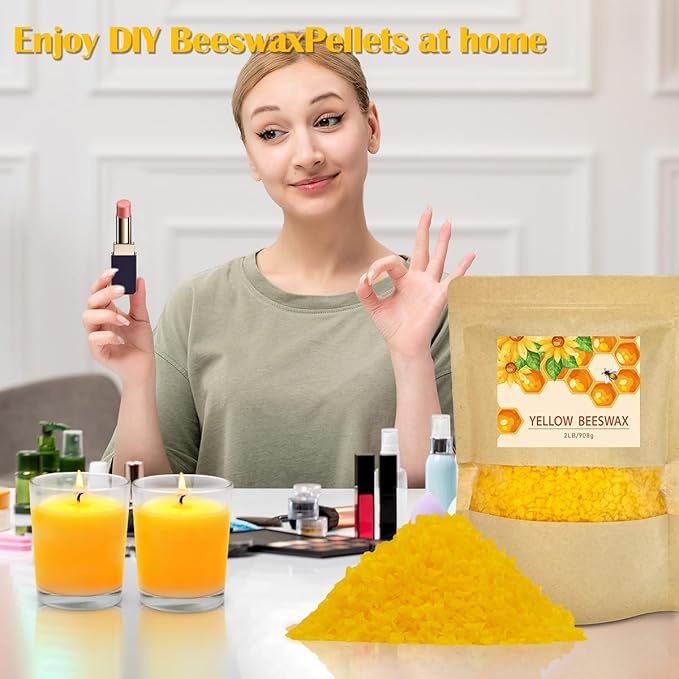 Yellow Beeswax Pellets 2LB, Organic Beeswax, Beeswax for Candle Making, Body, Skin Care DIY, Lip Balm and Soap Making Supplies(32oZ)