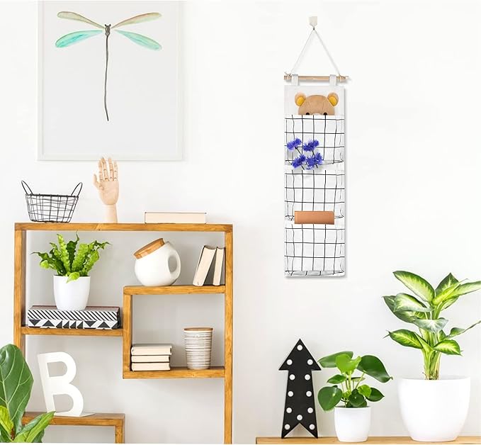 FuninCrea Linen Fabric Hanging Organizer, Waterproof Wall Storage Bag with 3 Pockets, Space Saving Hanging Wall Organizer for Living Room, Bedroom, Bathroom (White)
