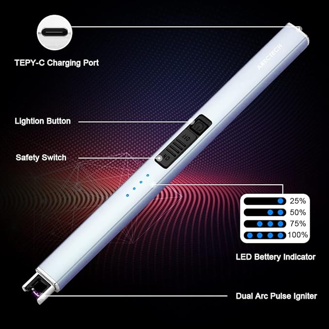 ARECTECH Electric Candle Lighter with Type-C Cable Birthday Gift for Man Women Wife Rechargeable Plasma Arc Lighters for Candle Camping Kitchen Stove Blue