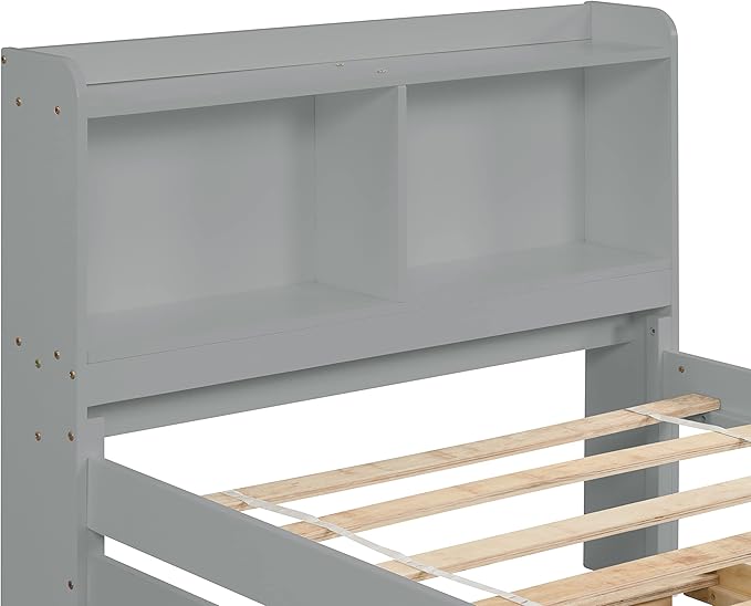 Harper & Bright Designs Twin Bed with Trundle, Twin Bed Frame with Bookcase Headboard, Wood Twin Platform Bed with Pull Out Trundle Bed for Kids Girls Boys, No Box Spring Needed, Grey