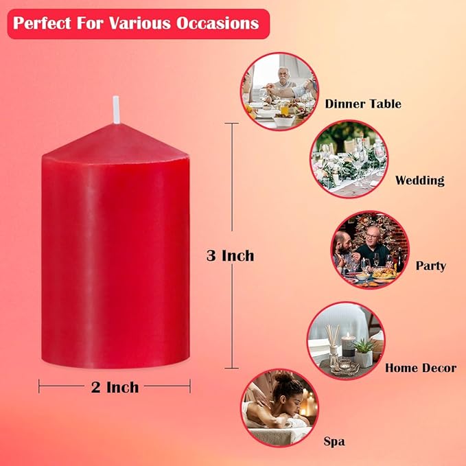 Set of 4 2x3 Inch Red Pillar Candles, Small Unscented Dripless Solid Colored Cylinder Column Candles for Home Party Holiday Dinner Table Decoration - 24 Hour Burning Time