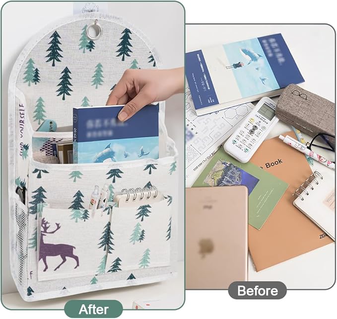 2 Pack Wall Hanging Storage Bag with Pocket, Fabric Organizer Basket with Sticky Hook, Over The Door Caddy Organizer Box for Closet Dormitory Bedroom Bathroom Kitchen (Forest + Pineapple)