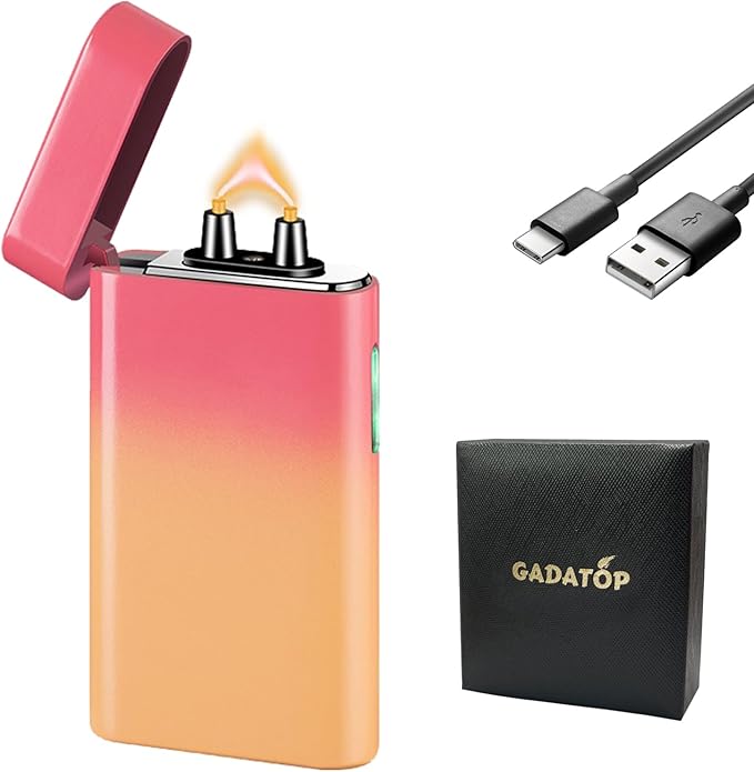 GADATOP Electric Lighter Rechargeable USB Arc Plasma Lighter Flameless Outdoor Windproof Lighters Colorful Gradient Lighters with Rhythmic Flashing Battery Indicator (Pink-Yellow Gradient)