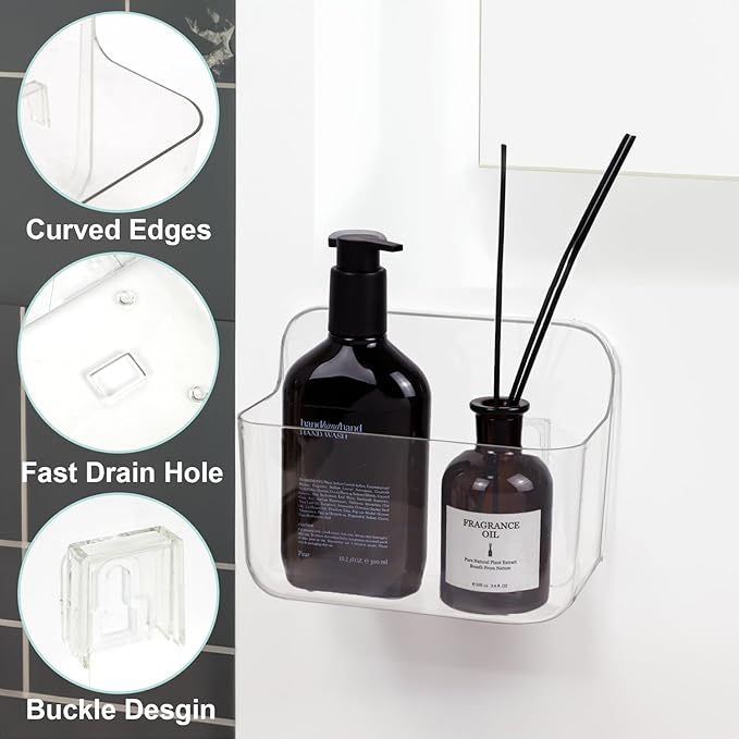 Wall Mounted Storage Organizer Bins Organizing Shelf Basket Clear Plastic Makeup Organizer Adhesive Hanging Bin Fridge Organizer for Bathroom,Kitchen,Cabinet,Pantry,Countertops (L(7×3.9×5.5"))