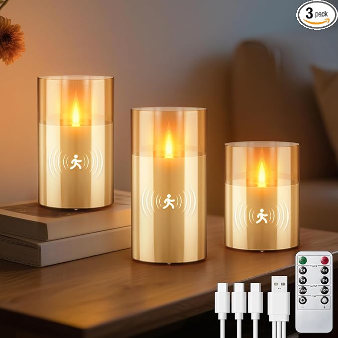 3PC Radar Motion Sensor Rechargeable Led Candles, Flameless Flickering Candle with Remote & Timer, Real Wax in Glass with Flickering Warm Light for Festival, Bedroom, christmas and party Decor-Amber