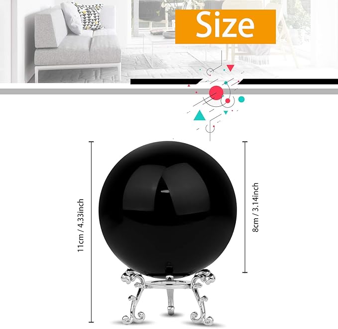 MerryNine 80mm/3.15" Top K9 Crystal Ball with Stylish Metallic Stand and Microfiber Clean Cloth, Decorative and Photography Accessory (Obsidian Black)