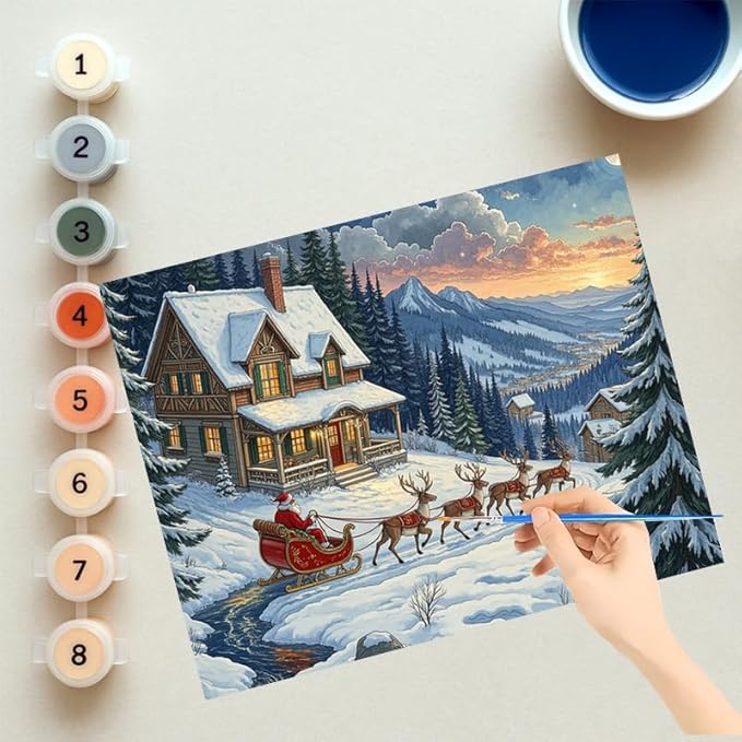 EnLvYY Paint by Numbers for Adults 16x20 Inch, DIY Acrylic Painting on Canvas, Santa Claus Sleigh with Reindeer in Snowy Winter Forest and Cabin, Christmas Landscape Wall Art Gift,Unframed