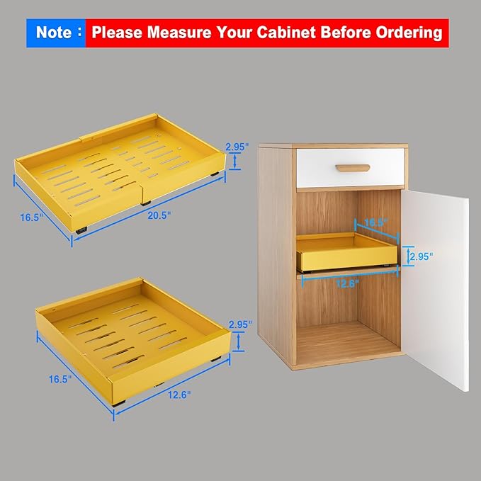 2 Pack Pull Out Cabinet Organizer, Expandable Slide Out Drawers for Kitchen Cabinets Peel and Stick Pullout Drawer Heavy Duty Sliding Shelves for Cupboard, Pantry, Bathroom(16.5" Deep, Yellow)