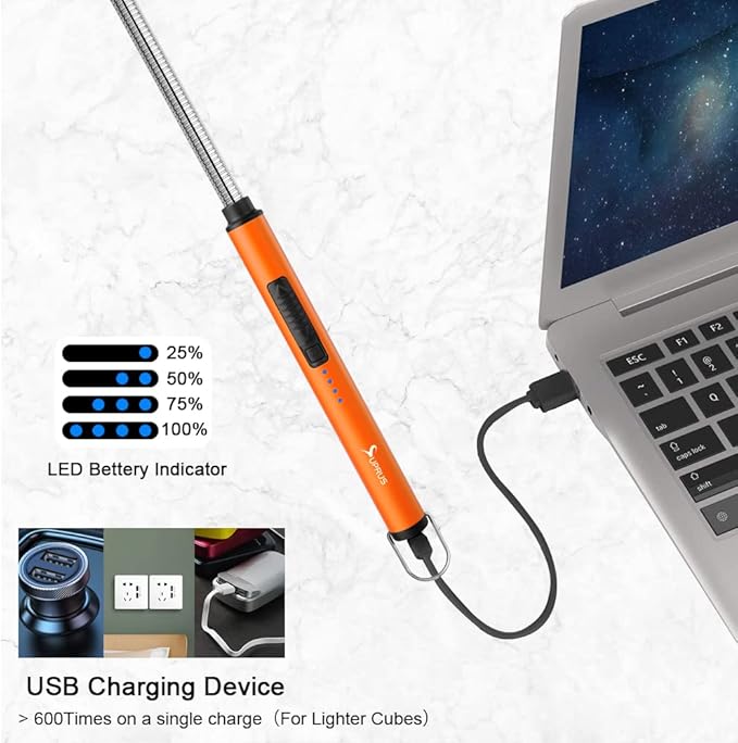 SUPRUS Fluorescent Lighter Glows in The Dark 360°Flexible Neck USB Rechargeable Windproof Triple Safety for Candle Cooking BBQ in Party (Orange)