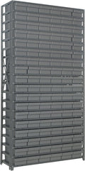 Quantum 1275-401GY Heavy Duty Shelving Unit with (19) Shelves and (27) QED401 Gray Bins for Garage Warehouse Storage Distribution | 400 lb Load Capacity | 12"D x 36"L x 75"H, Galvanized Carbon Steel