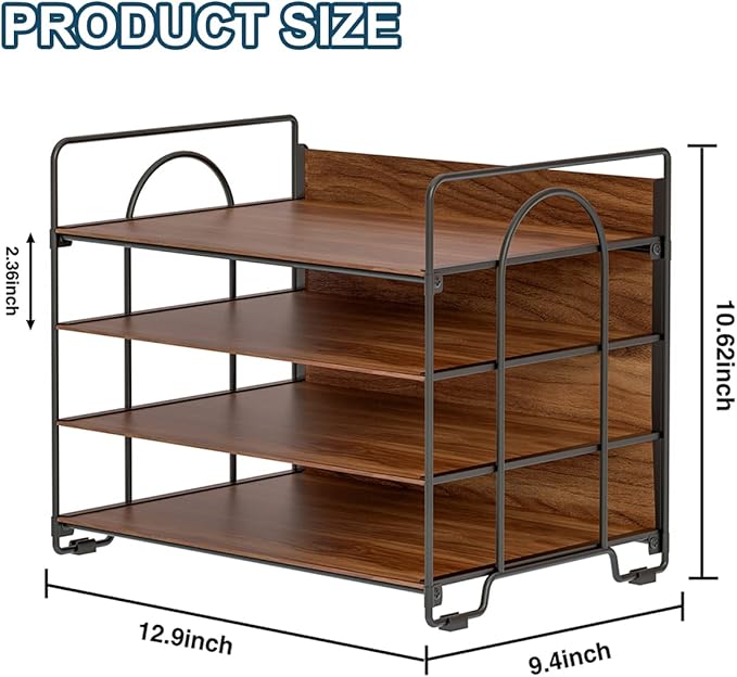 LUCYCAZ 4 Tier Paper Organizer for Desk - Wood Desk Organizer, Metal Paper Tray Organizer, File Organizer for Office Home School, Black