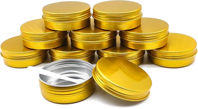 10pcs 60ml Round Lip Balm Tin Cans, 60 Gram Aluminum Tins Gold Cosmetic Sample Containers with Screw Lid, 60g Metal Empty Storage Travel Jars for Salves, Lip Balms, Face Cream, Candle, Tea