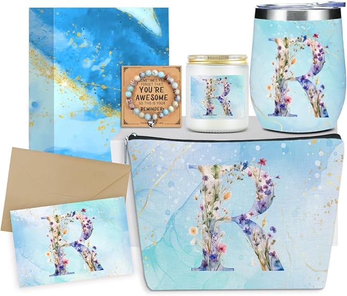 Personalized Gifts Monogrammed Birthday Gifts for Women, Mommy, Female Going Away Farewell Christmas, Initial Wine Tumbler Makeup Bag Scented Candle Bracelet Set, (Aesthetic Blue Flower R)